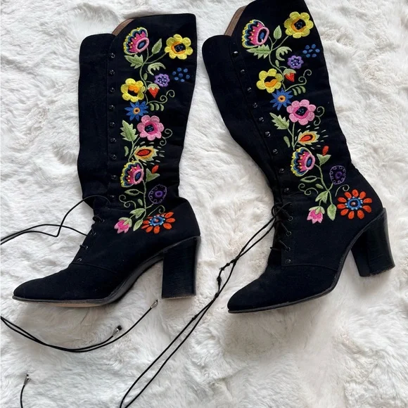 💫STUNNING RARE 60s 70s Enosis Greece Jerry Edouard Embroidered Black Gogo Boots - Picture 10 of 15